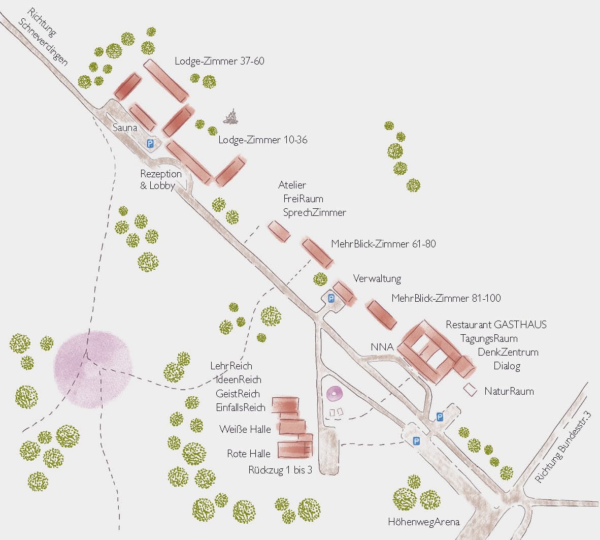Lageplan vom HOTELCAMP REINSEHLEN mit den Wegen, den Gebäuden und Bezeichnungen.