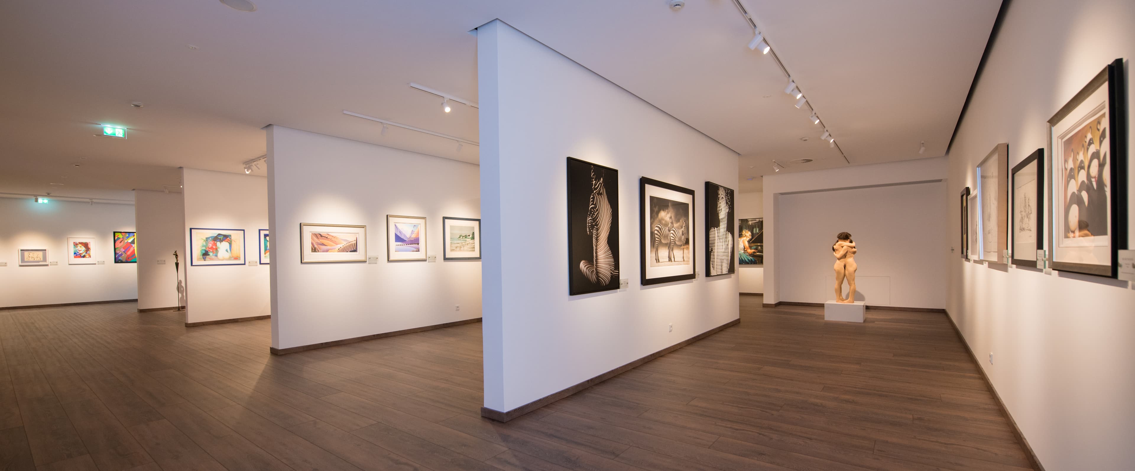 Moderner Ausstellungsraum in der Kunstsammlung Henning J. Claassen mit gerahmten Kunstwerken an weißen Wänden und dunklem Holzboden.
