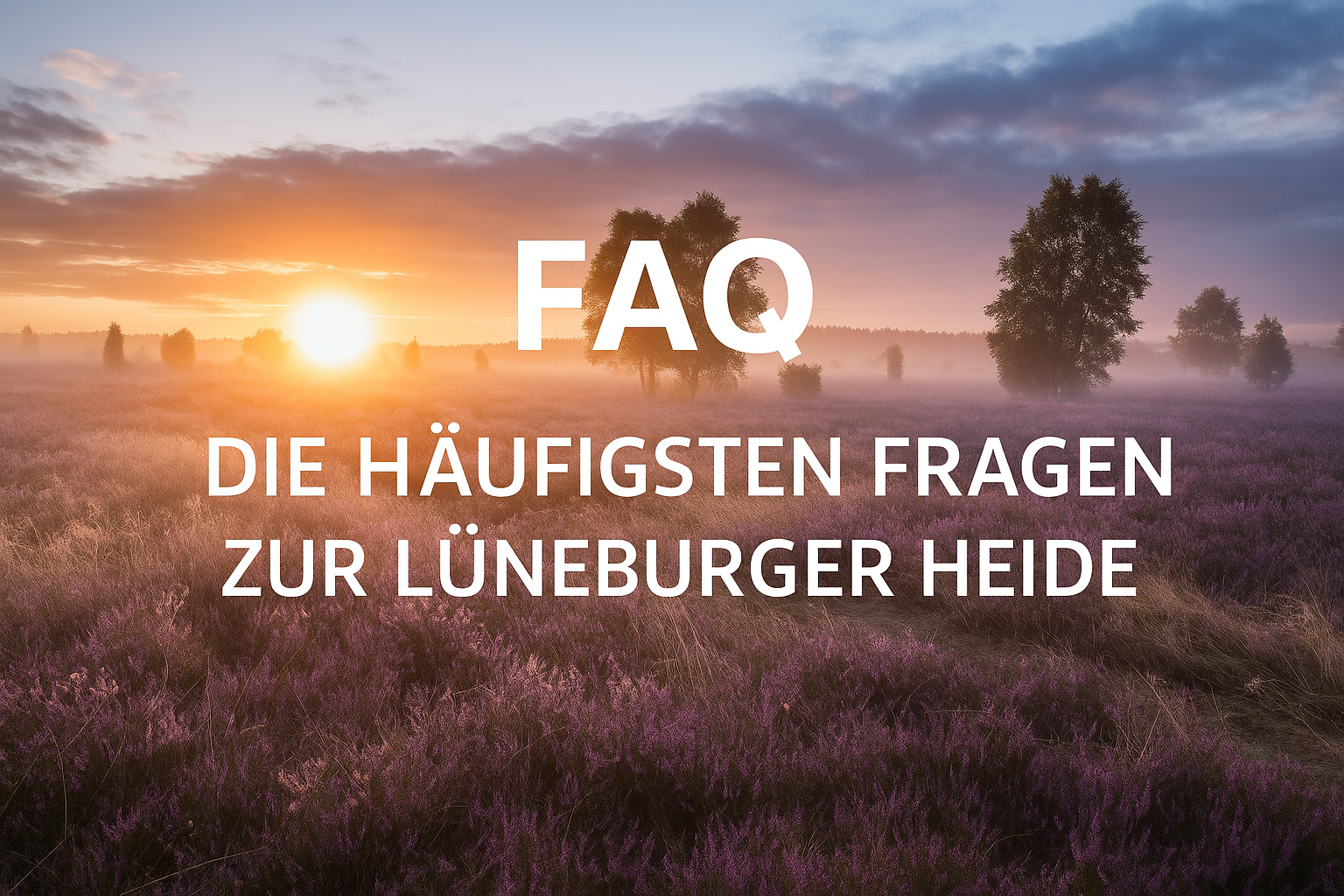 Sonnenaufgang über der blühenden Lüneburger Heide mit lila Heideflächen und Bäumen im Morgennebel – Text: FAQ – Die häufigsten Fragen zur Lüneburger Heide