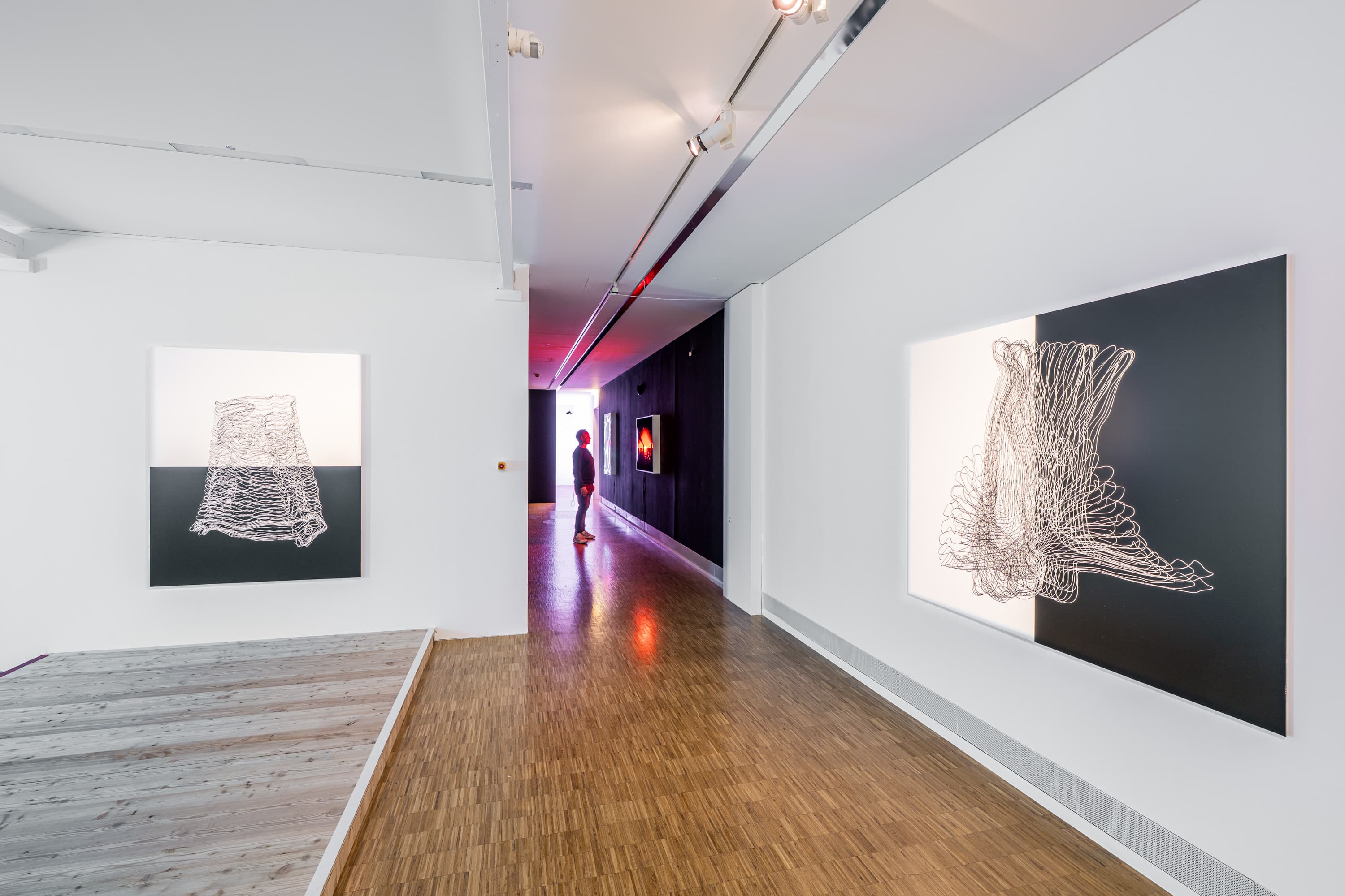 Innenansicht des Kunstmuseums Celle mit abstrakter Lichtkunst an weißen Wänden und einem Besucher.
